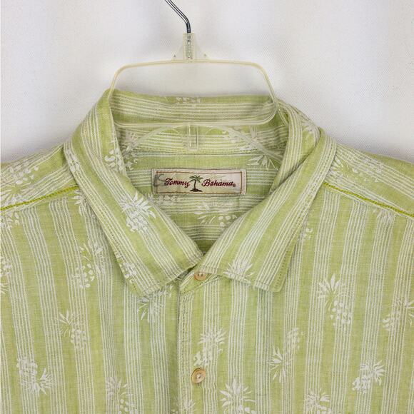 Tommy Bahama Linen Button-Up Men's XL Long Sleeve Green White Pineapples - Picture 2 of 13